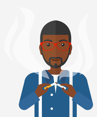 A happy african-american man breaking the cigarette vector flat design illustration isolated on white background.のイラスト素材