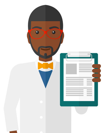 An african-american doctor holding medical notepad vector flat design illustration isolated on white background.のイラスト素材