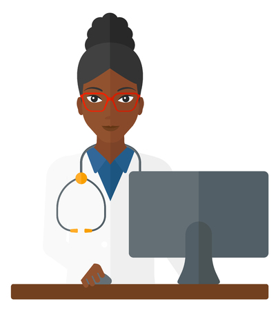 An african-american pharmacist standing at the counter in front of computer monitor vector flat design illustration isolated on white background.のイラスト素材