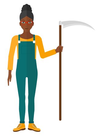 An african-american farmer holding a scythe vector flat design illustration isolated on white background.のイラスト素材