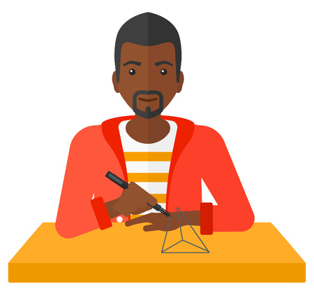 An african-american man making a model with a 3D pen vector flat design illustration isolated on white background.のイラスト素材