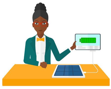 An african-american woman charging a tablet computer with solar panel vector flat design illustration isolated on white background.のイラスト素材