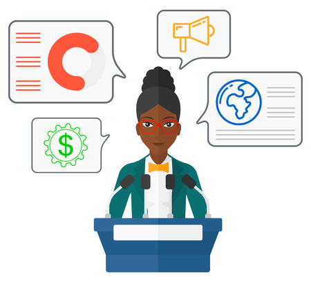 A speaker standing on a podium with microphones and speech squares around her vector flat design illustration isolated on white background.のイラスト素材