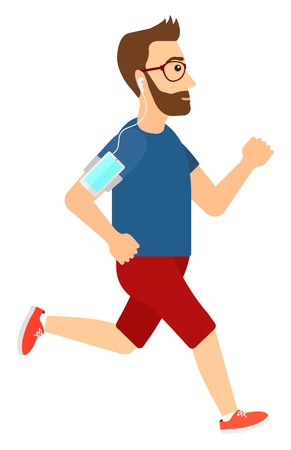 A jogger training with earphones and a smart phone armband vector flat design illustration isolated on white background.のイラスト素材