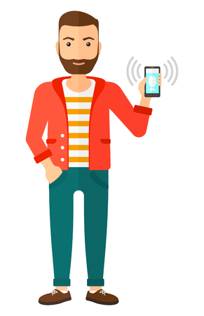 A man holding vibrating smartphone vector flat design illustration isolated on white background.のイラスト素材