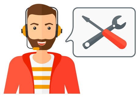 An operator of technical support with headphone set and speech square vector flat design illustration isolated on white background.のイラスト素材
