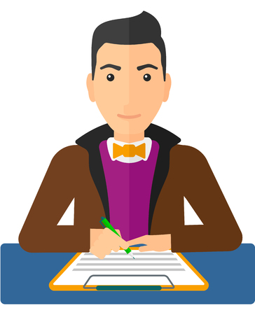 A man sitting at the table and signing a contract vector flat design illustration isolated on white background.のイラスト素材