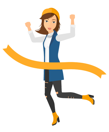 A happy business women running through finishing line vector flat design illustration isolated on white background.のイラスト素材