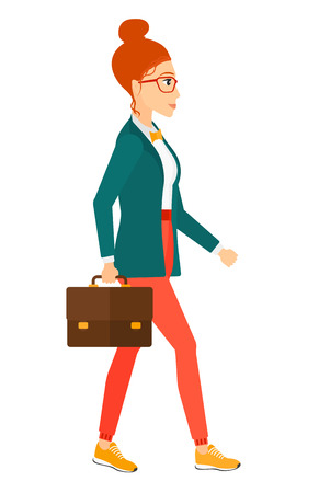 A business woman walking with a briefcase vector flat design illustration isolated on white background.のイラスト素材