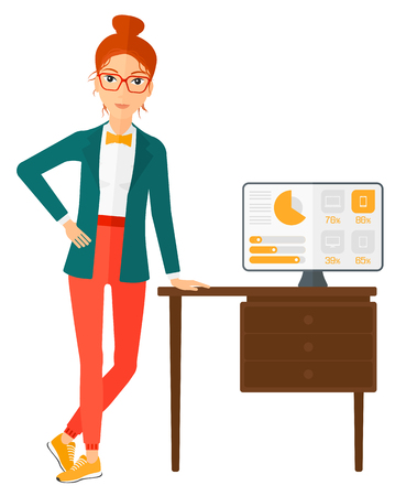 A woman leaning on a table with a computer monitor in office vector flat design illustration isolated on white background.のイラスト素材