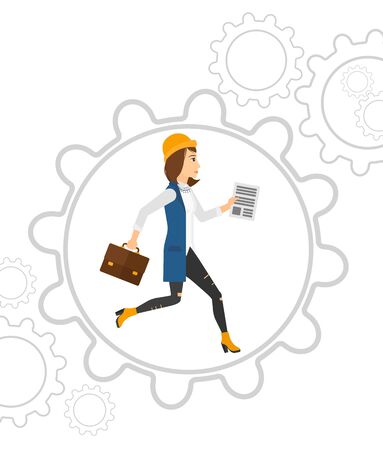 A woman with a suitcase and a file in hands running inside a big cogwheel vector flat design illustration isolated on white background.のイラスト素材