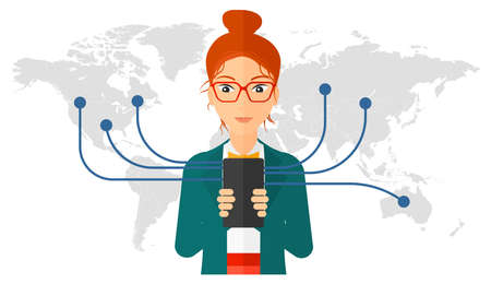 A woman holding smartphone connected with the whole world vector flat design illustration isolated on white background.のイラスト素材