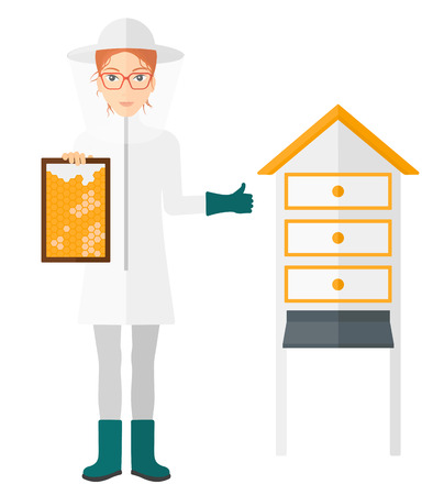 The beekeeper in protective suit working at apiary holding a framework in hand and showing thumb up vector flat design illustration isolated on white background.のイラスト素材