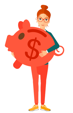 A woman with a big piggy bank in hands vector flat design illustration isolated on white background.のイラスト素材