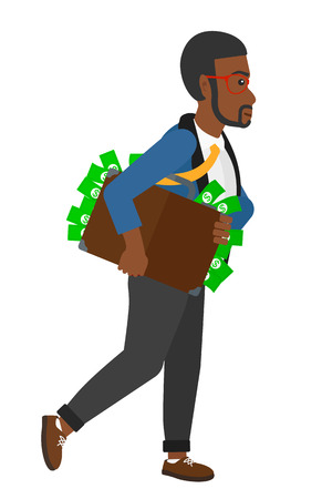 An african-american businessman walking with suitcase full of money vector flat design illustration isolated on white background.のイラスト素材