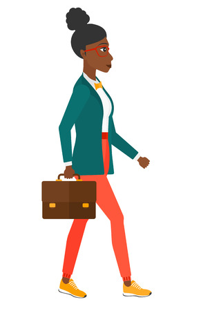 An african-american business woman walking with a briefcase vector flat design illustration isolated on white background.のイラスト素材