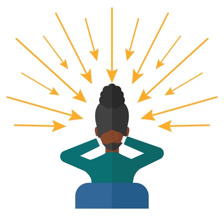 Rear view of a sitting woman with some arrows poinded to her head vector flat design illustration isolated on white background.のイラスト素材