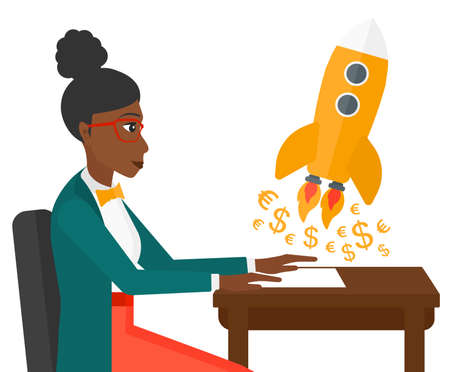 An african-american successful woman sitting at the table and looking at a rocket with money taking off the paper vector flat design illustration isolated on white background.のイラスト素材
