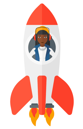 An african-american woman taking off in a rocket vector flat design illustration isolated on white background.のイラスト素材