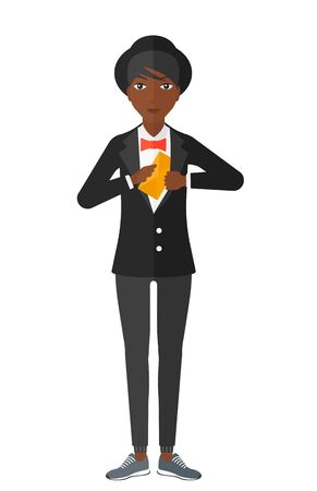 An african-american business woman putting an envelope in her pocket vector flat design illustration isolated on white background.のイラスト素材
