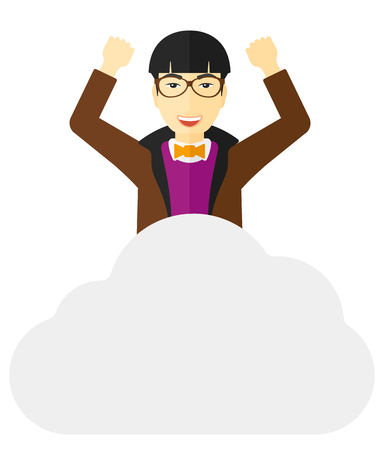 An asian man with raised hands sitting on a cloud vector flat design illustration isolated on white background.のイラスト素材