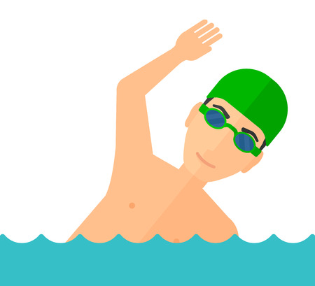 A swimmer wearing cap and glasses training in water vector flat design illustration isolated on white background.のイラスト素材