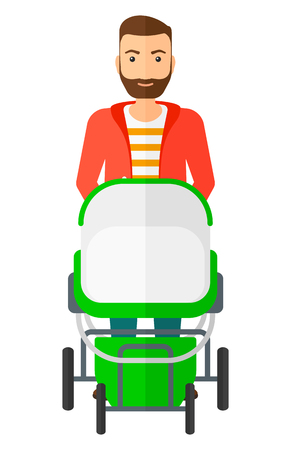 A hipstre man with the beard pushing a baby stroller vector flat design illustration isolated on white background.のイラスト素材