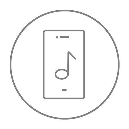 Phone with musical note on a screen line icon for web, mobile and infographics. Vector grey thin line icon in the circle isolated on white background.のイラスト素材