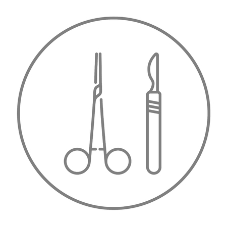 Medical scalpel and clamp for web, mobile and infographics. Vector grey thin line icon in the circle isolated on white background.のイラスト素材