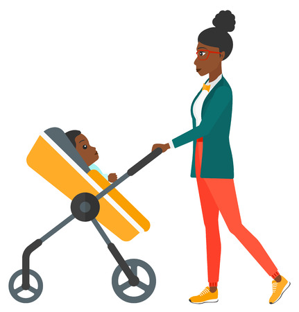 An african-american mother walking with a baby stroller vector flat design illustration isolated on white background.のイラスト素材