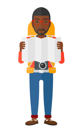 An african-american backpacker with a camera looking at a map vector flat design illustration isolated on white background.のイラスト素材