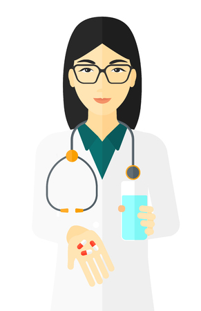 An asian pharmacist holding in hands a glass of water and some pills vector flat design illustration isolated on white background.のイラスト素材