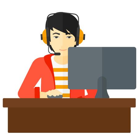 An asian man in headphones sitting in front of computer monitor with mouse in hand vector flat design illustration isolated on white background.のイラスト素材