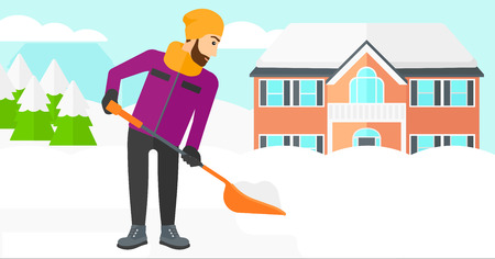A hipster man with the beard shoveling and removing snow in front of house  vector flat design illustration. Horizontal layout.のイラスト素材