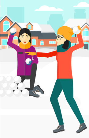 An asian  women playing in snowballs outdoors on city background vector flat design illustration. Vertical layout.のイラスト素材