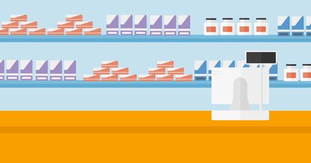 Background of pharmacy with counter vector flat design illustration. Horizontal layout.のイラスト素材