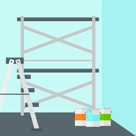 Background of blue walls with paint cans and ladder vector flat design illustration. Square layout.のイラスト素材