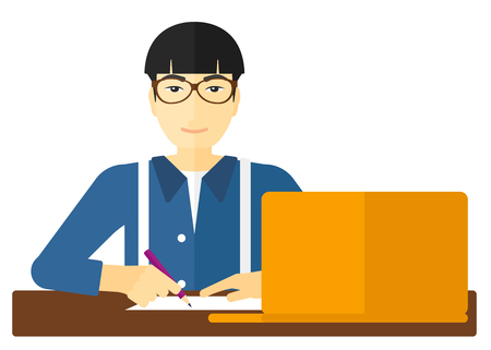 An asian man sitting in front of laptop and taking some notes vector flat design illustration isolated on white background.のイラスト素材