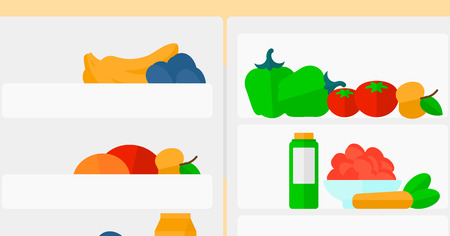 Background of  refrigerator full of fruits and vegetables vector flat design illustration. Horizontal layout.のイラスト素材
