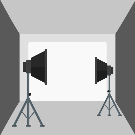 Background of empty photo studio with lighting equipment vector flat design illustration. Square layout.のイラスト素材