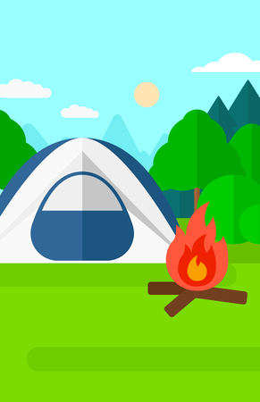 Background of camping site with tent vector flat design illustration. Vertical layout.のイラスト素材