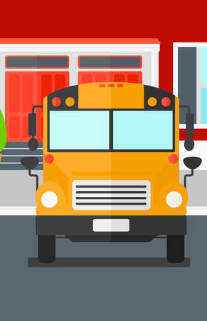 Yellow bus on the background of the school building  vector flat design illustration. Vertical layout.のイラスト素材