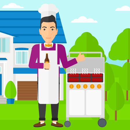 A man standing next to barbecue grill in the yard in front of house and holding a bottle in hand and showing thumb up vector flat design illustration. Square layout.のイラスト素材