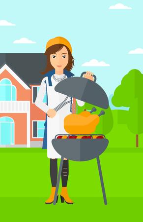 A woman cooking chicken on barbecue in the yard in front of house vector flat design illustration. Vertical layout.のイラスト素材