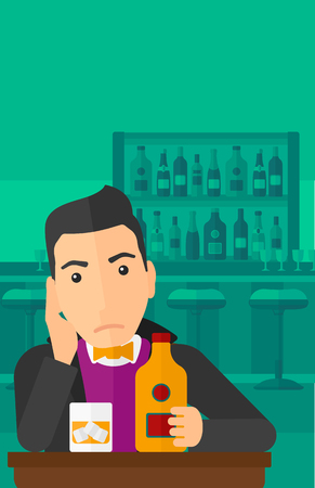 A sad man sitting at the table with a bottle and a glass at the bar vector flat design illustration. Vertical layout.のイラスト素材