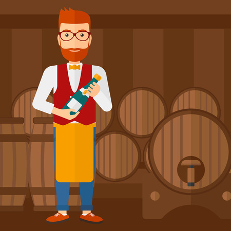 A waiter standing in wine cellar and holding a bottle in hands vector flat design illustration. Square layout.のイラスト素材