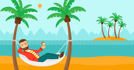 A hipster man with the beard chilling in hammock on the beach with a cocktail in a hand vector flat design illustration. Horizontal layout.のイラスト素材