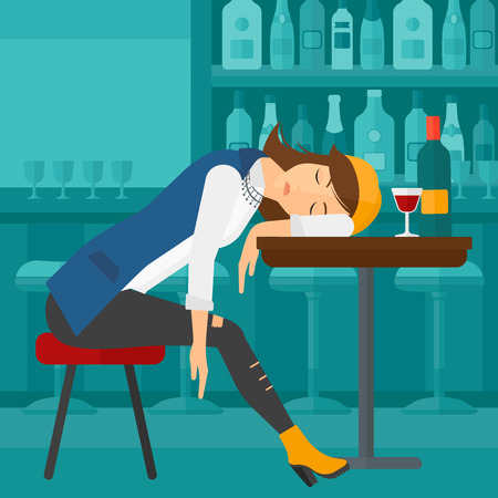A woman sleeping at the bar at the table with a glass and a bottle on it vector flat design illustration. Square layout.のイラスト素材