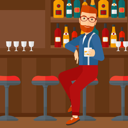 A hipster man with the beard sitting near the bar counter and holding a glass vector flat design illustration. Square layout.のイラスト素材