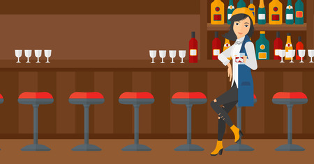 A woman sitting near the bar counter and holding a glass vector flat design illustration. Horizontal layout.のイラスト素材